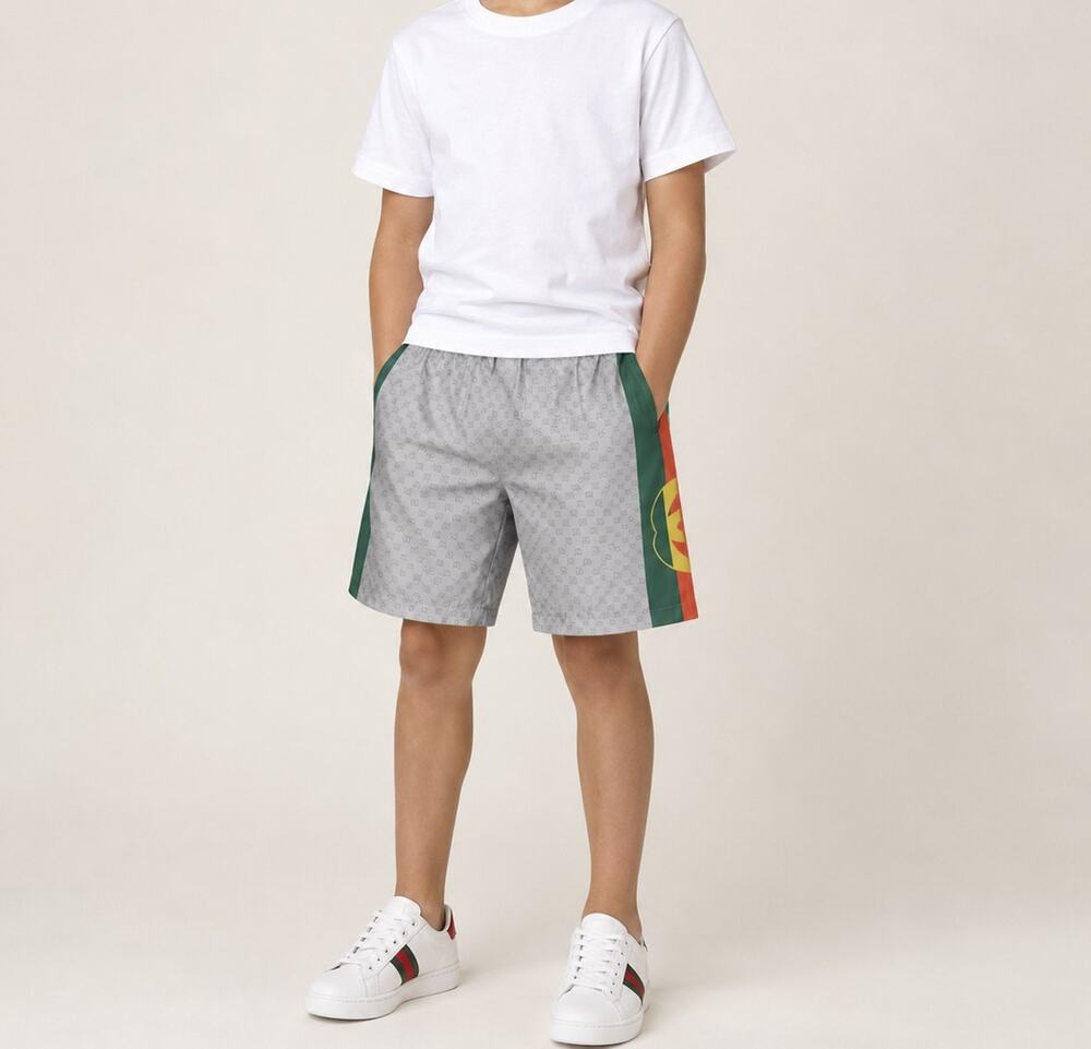 Gucci Boys GG Logo Swim Shorts Gray Green Orange Size 6 Monogram Web Trim
